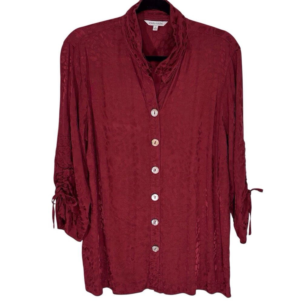 John Mark Button Up Tunic Top Burgundy Red Animal Print Women’s Large Holiday
